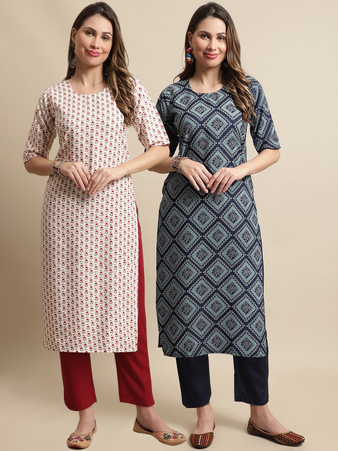 

7Threads Pack Of 2 Floral Printed Kurta With Trousers, White