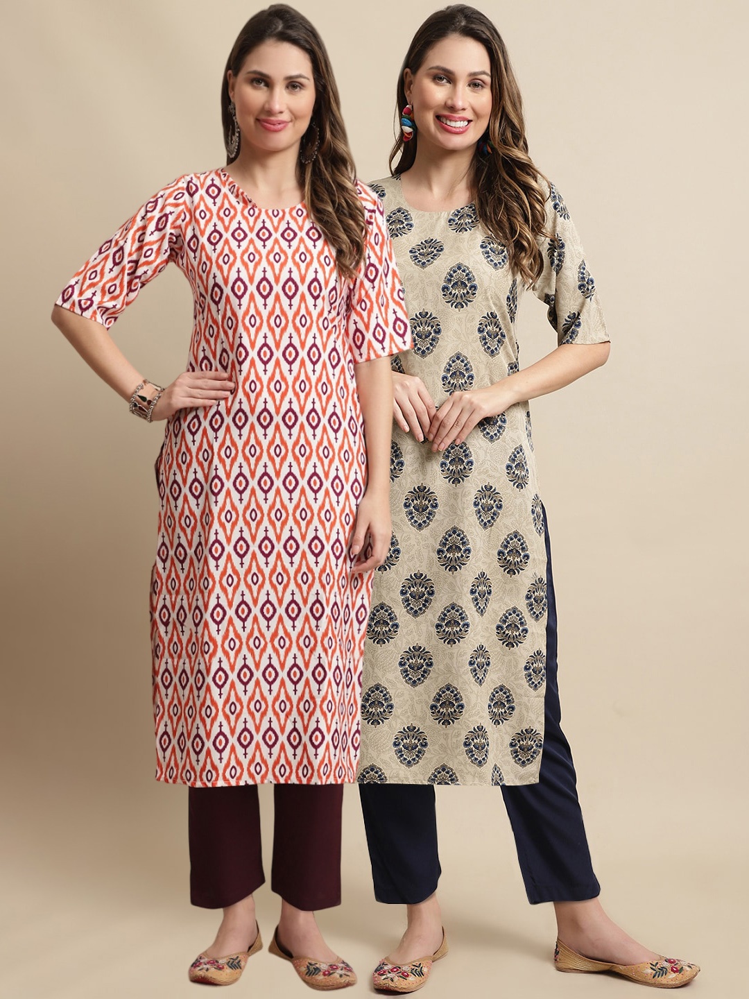 

7Threads Pack of 2 Ethnic Motifs Printed Regular Kurta with Trousers, Orange