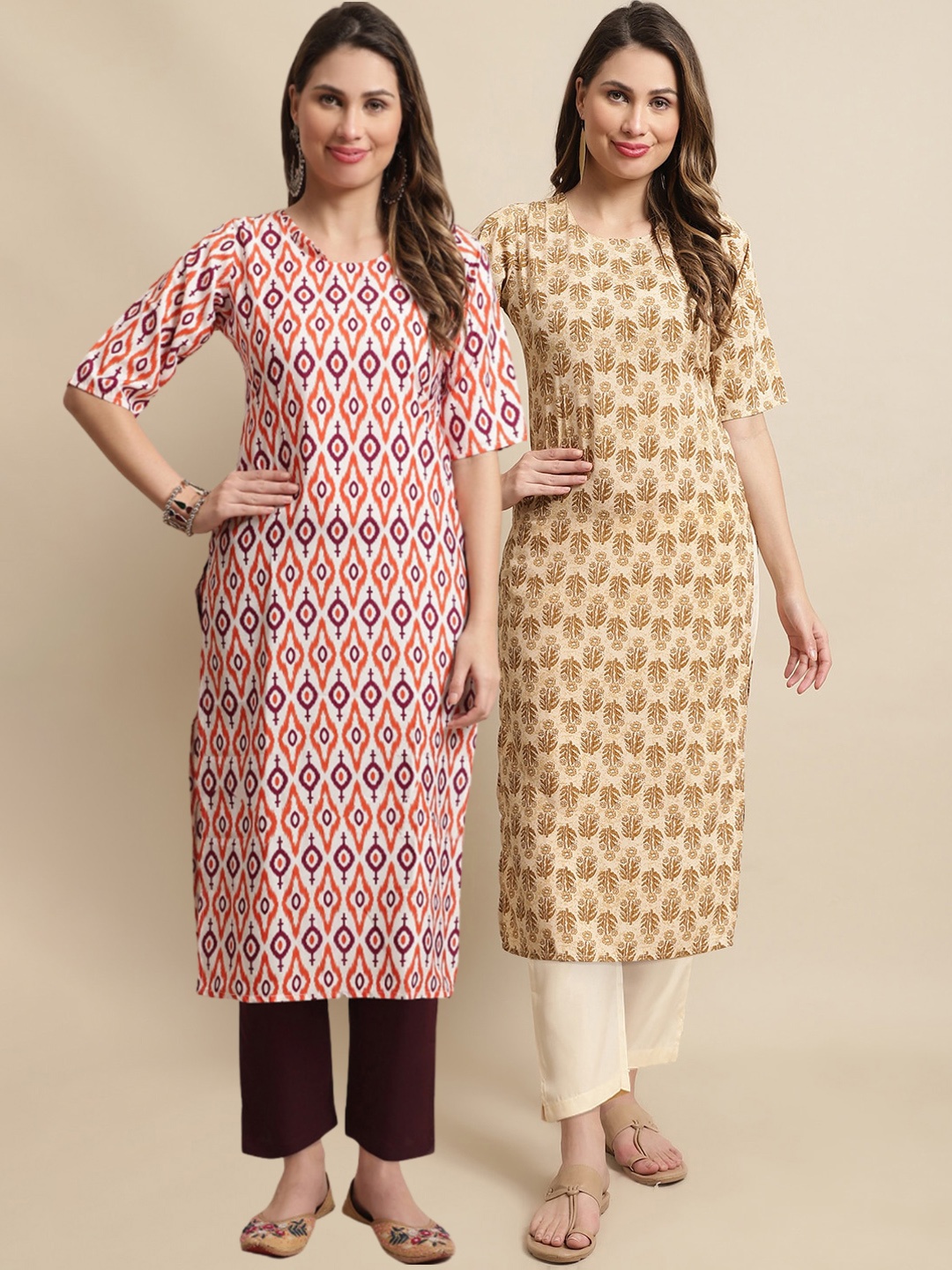 

7Threads Pack of 2 Ethnic Motifs Printed Regular Kurta with Trousers, Orange