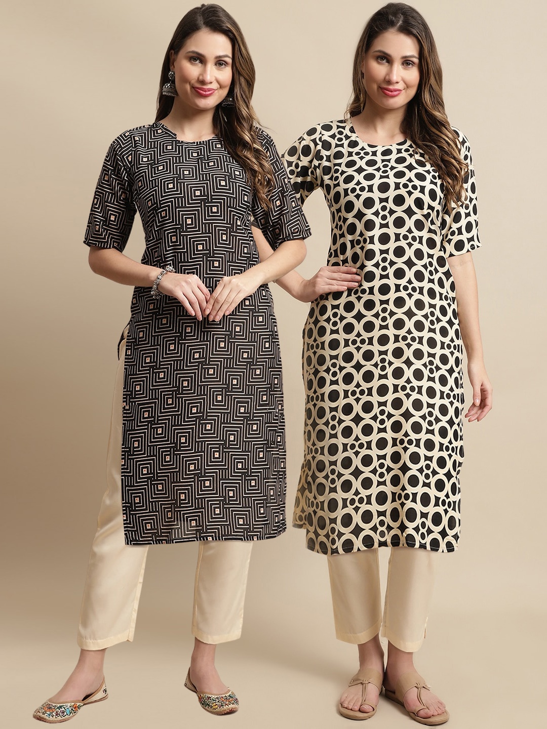 

7Threads Pack of 2 Geometric Printed Regular Kurta with Trousers, Black