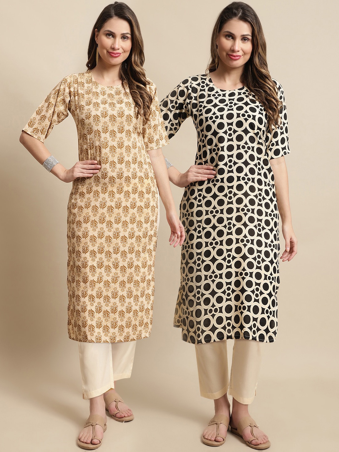 

KALINI Pack Of 2 Floral Printed Kurta With Trousers, Brown
