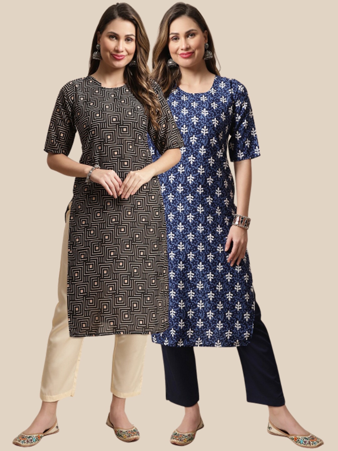 

7Threads Pack Of 2 Geometric Printed Kurta With Trousers, Black