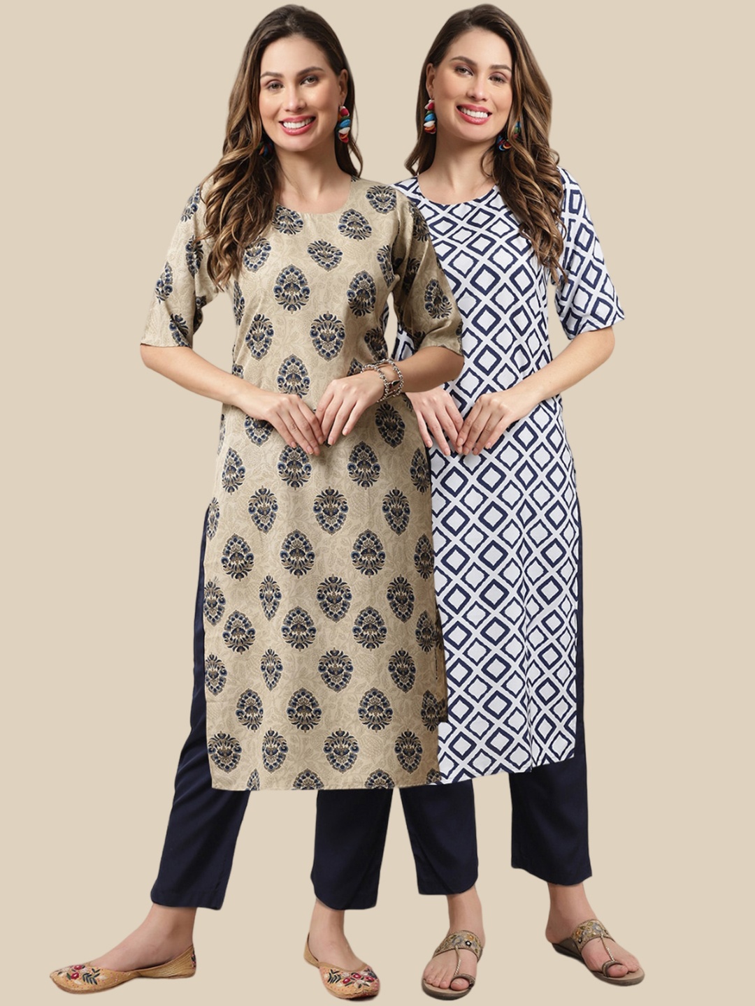 

KALINI Pack Of 2 Ethnic Motif Printed Kurta With Trousers, Beige