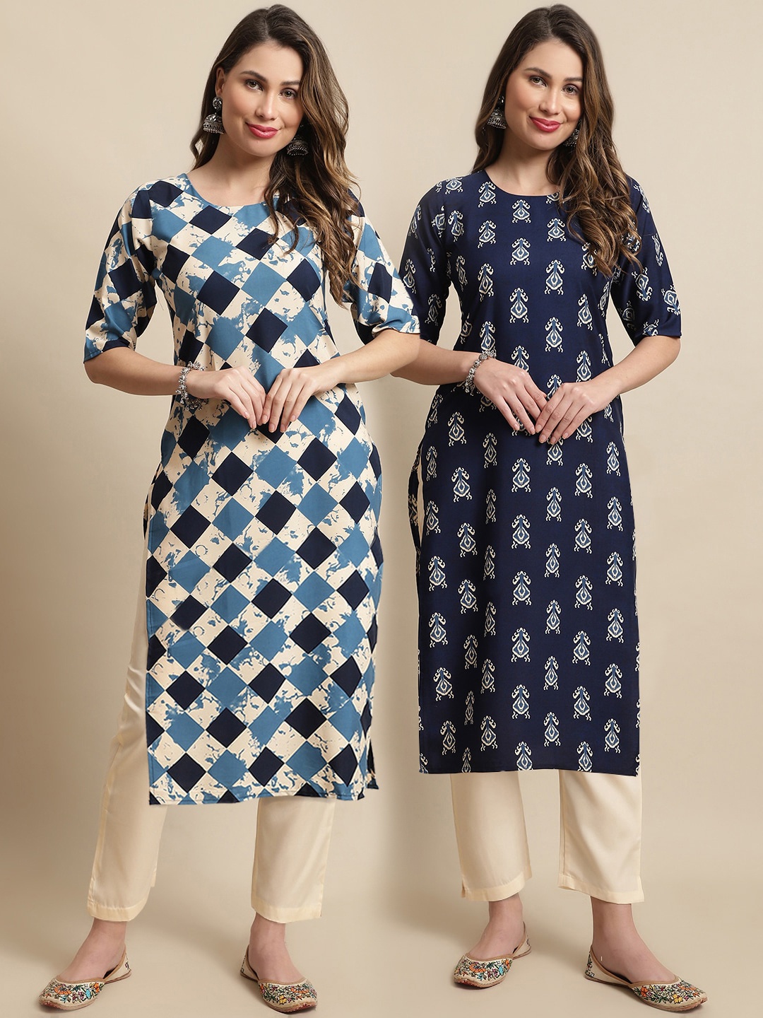 

KALINI Pack Of 2 Printed Straight Kurta with Trousers, Cream