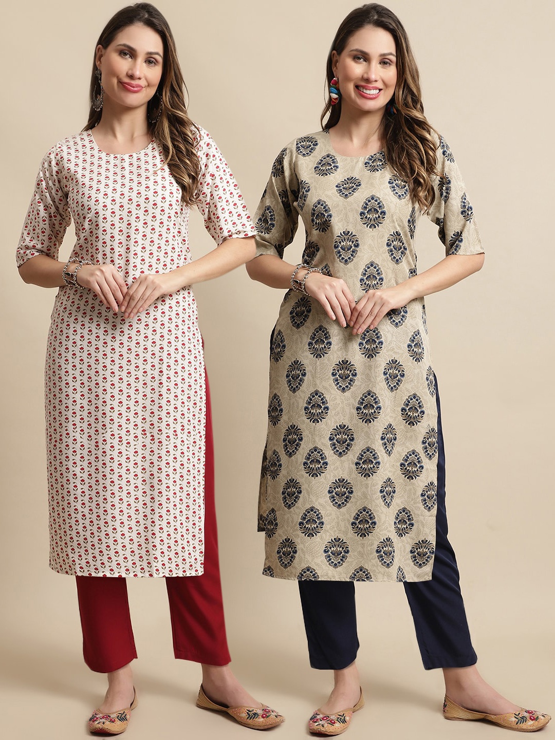 

7Threads A Selection Of 2 Floral Printed Regular Straight Kurta With Trousers, White