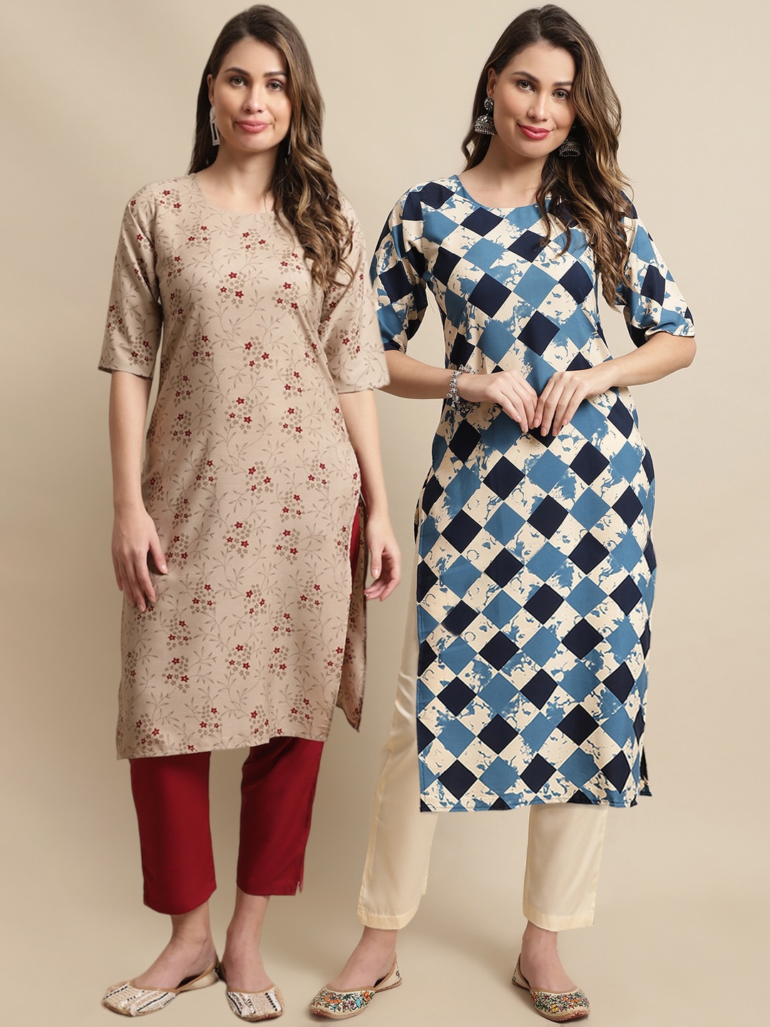 

7Threads Pack Of 2 Printed Kurta With Trousers, Beige