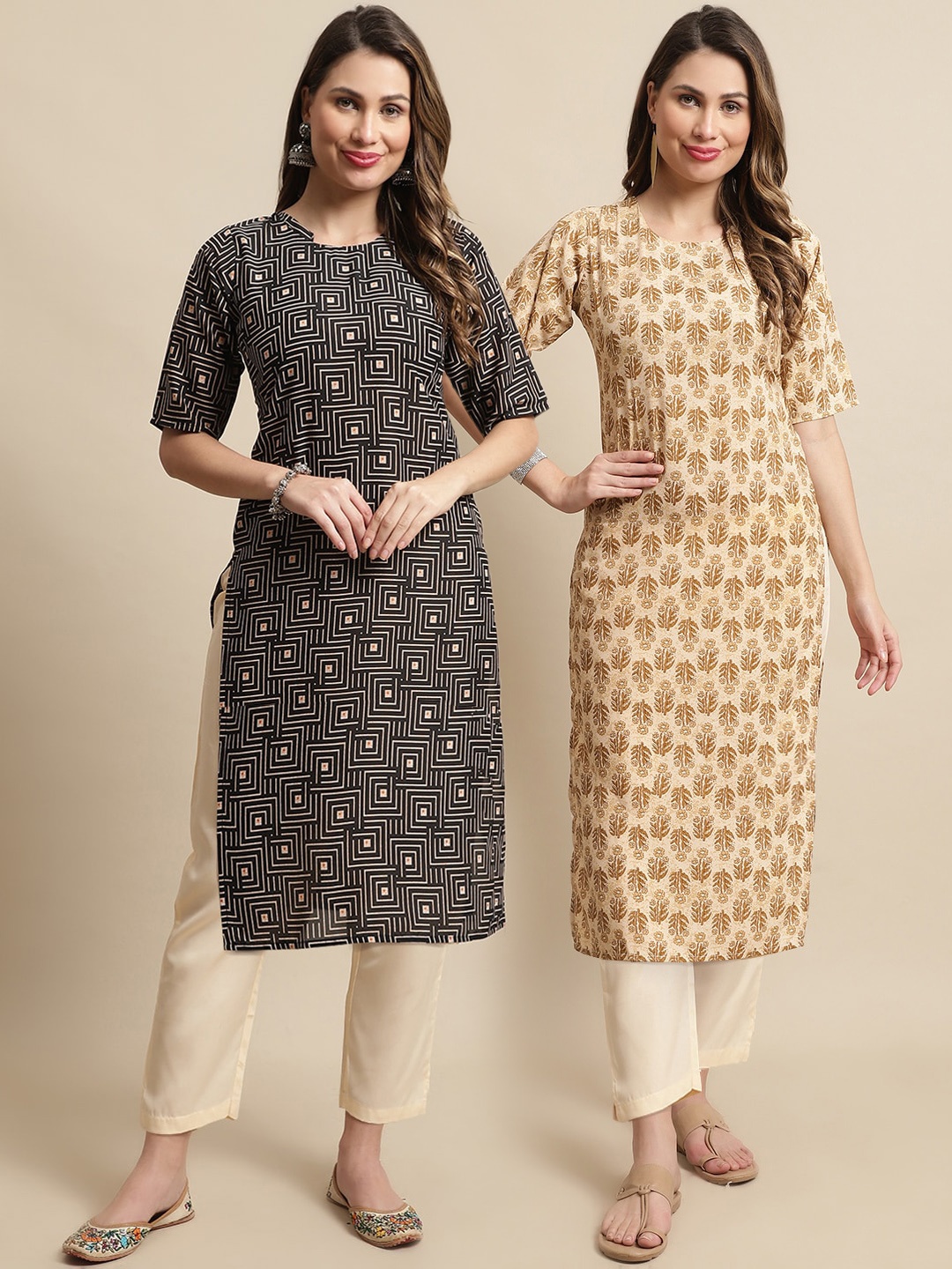 

7Threads A Selection Of 2 Floral Printed Regular Straight Kurta With Trousers, Cream