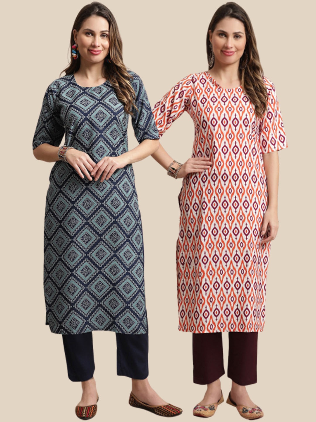 

KALINI Pack Of 2 Ethnic Motif Printed Kurta With Trousers, Blue