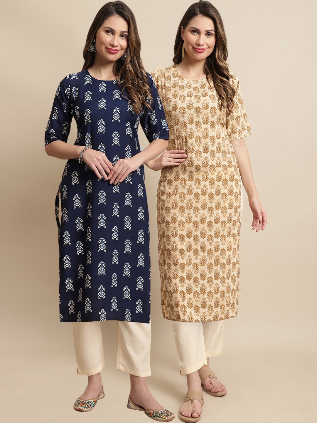 

KALINI Pack Of 2 Printed Straight Kurta with Trousers, Blue