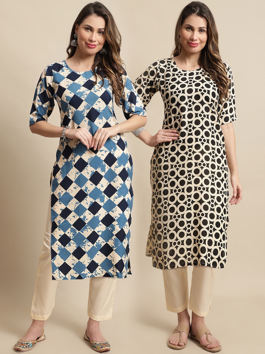 

KALINI Pack Of 2 Geometric Printed Kurta With Trousers, Blue