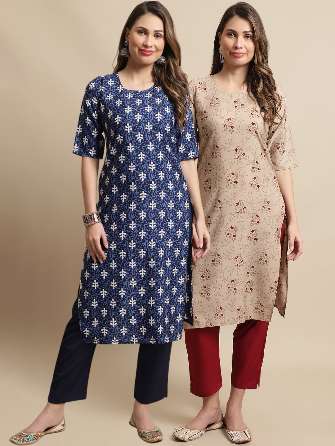 

KALINI Pack Of 2 Floral Printed Kurta With Trousers, Beige
