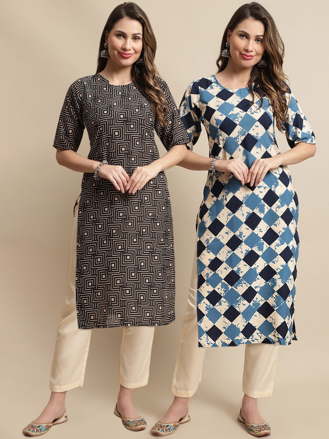 

KALINI A Selection Of 2 Printed Regular Kurta With Trousers, Black