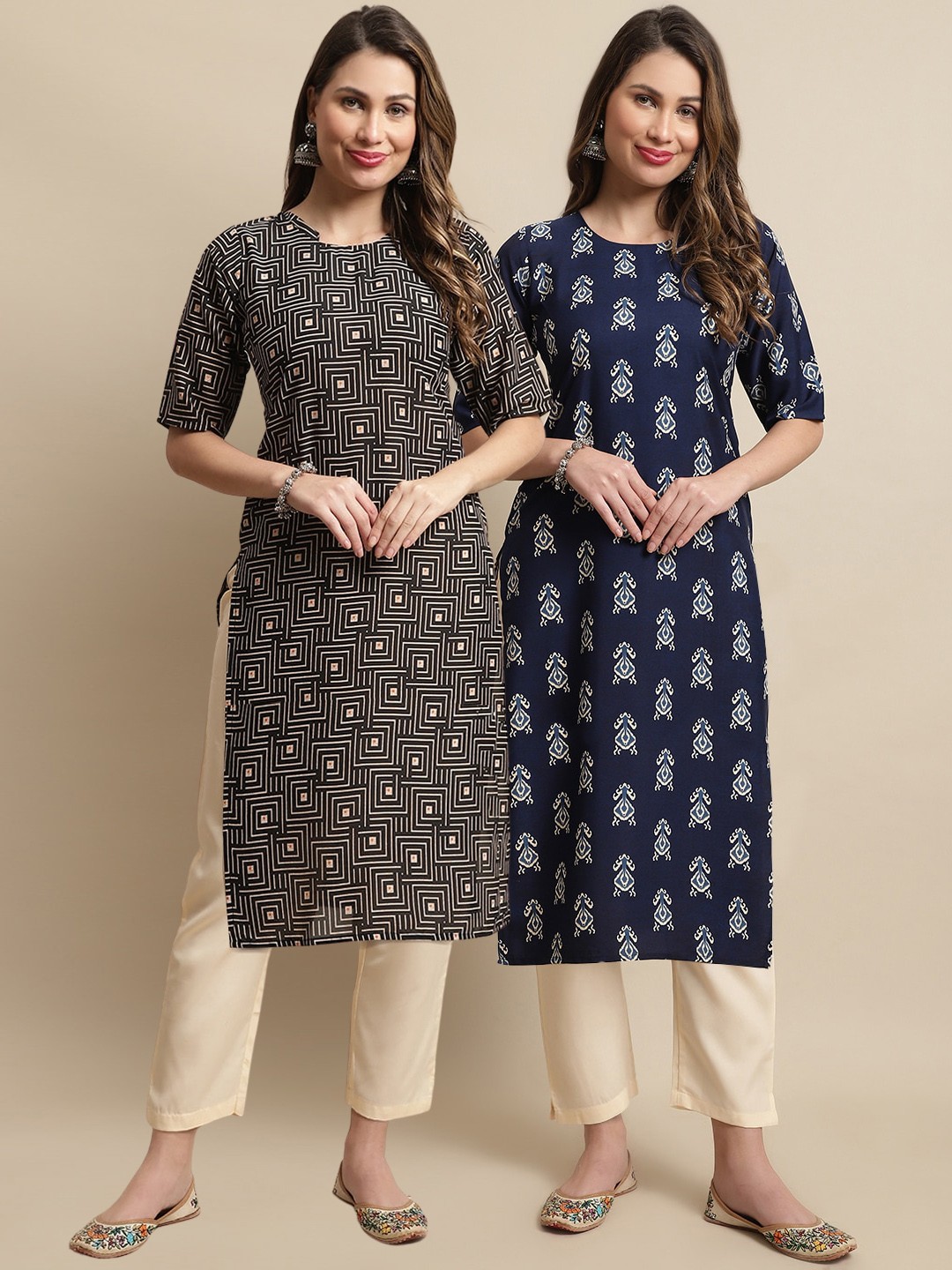 

7Threads Pack of 2 Geometric Printed Regular Kurta with Trousers, Black