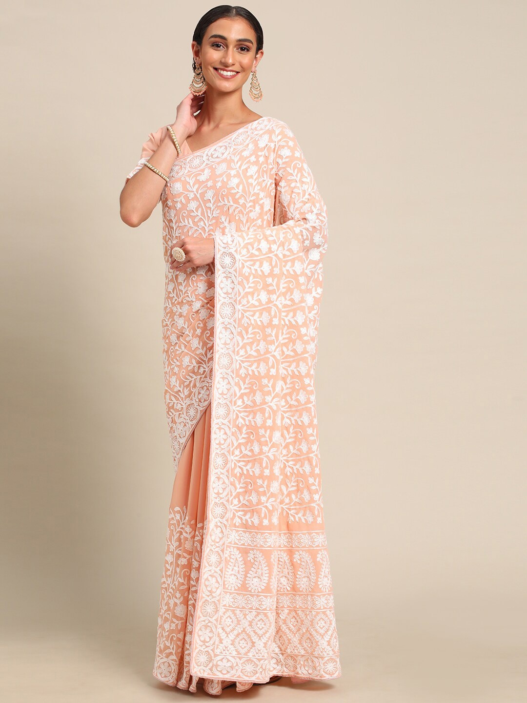 

all about you Orange & White Floral Embroidered Georgette Saree