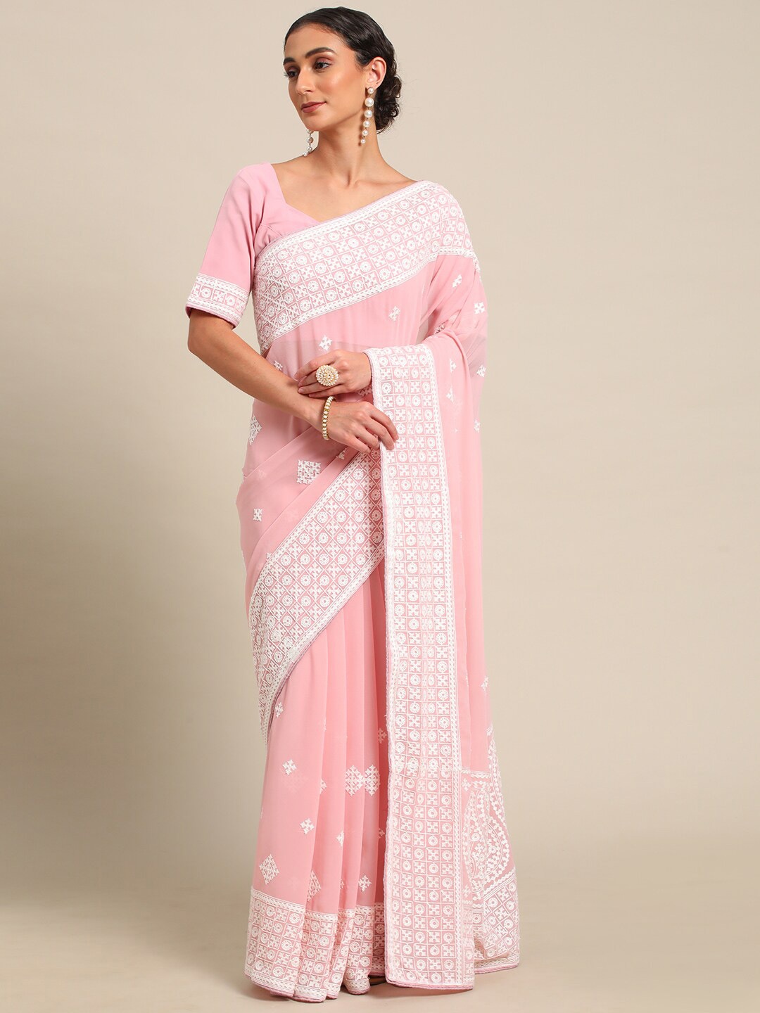 

all about you Pink & White Embroidered Georgette Saree