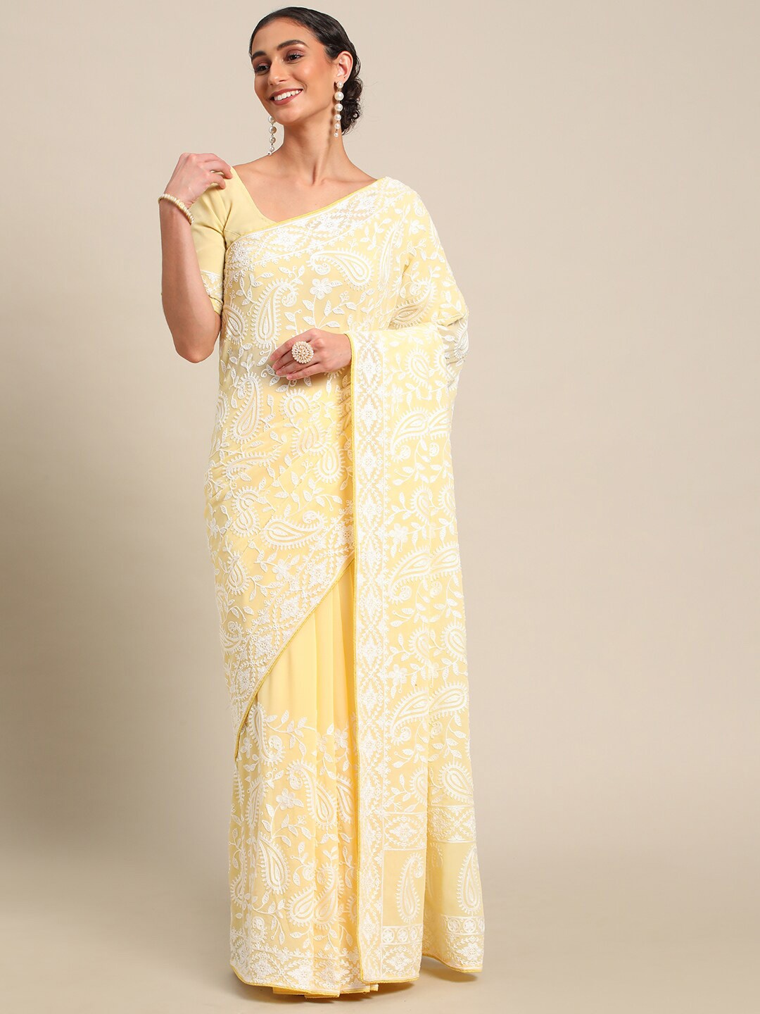 

all about you Yellow & White Embroidered Georgette Saree
