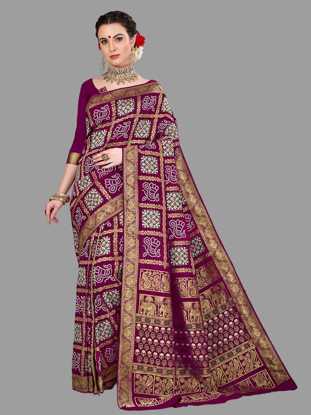 

HASRI Bandhani Printed Zari Saree, Purple