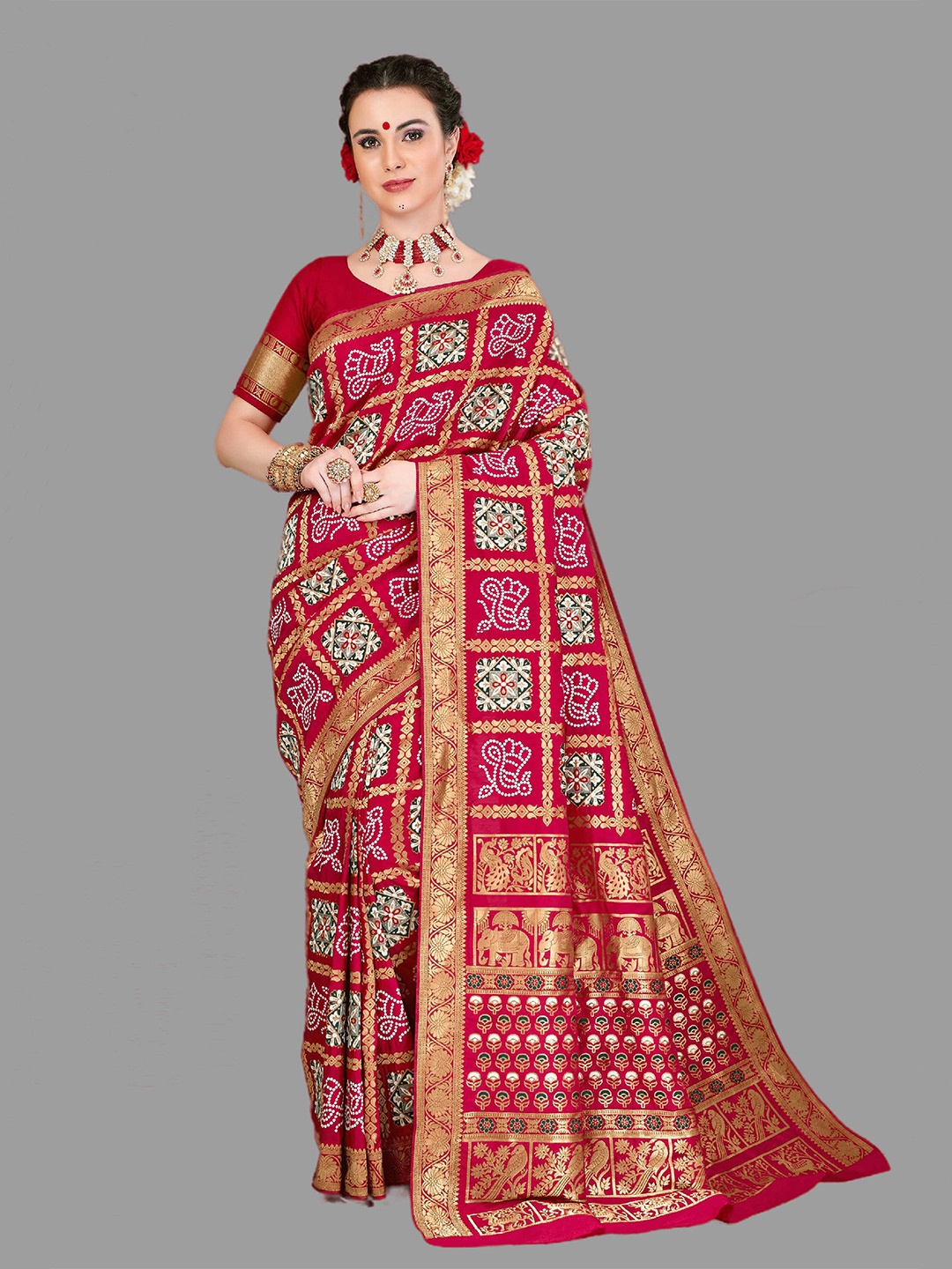 

HASRI Ethnic Motif Woven Design Zari Bandhani Saree, Red