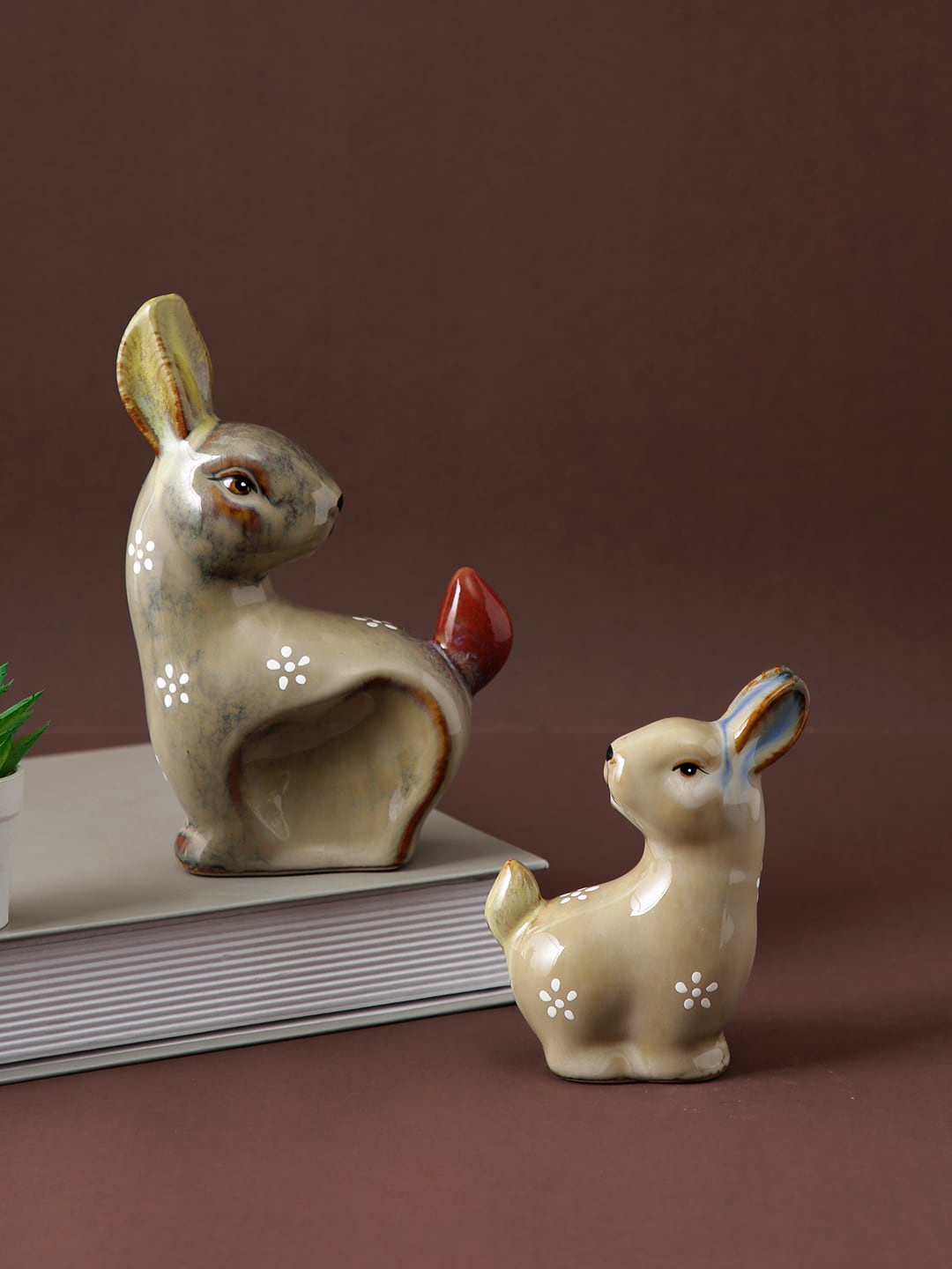 

TAYHAA Brown & White 2 Pieces Printed Ceramic Rabbit Showpieces, Beige