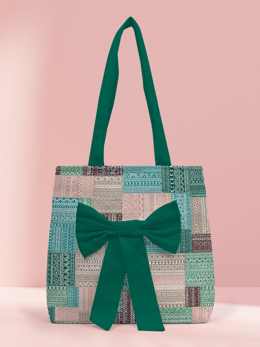 

Crazy Corner Geometric Printed Shopper Tote Bag with Bow, Green
