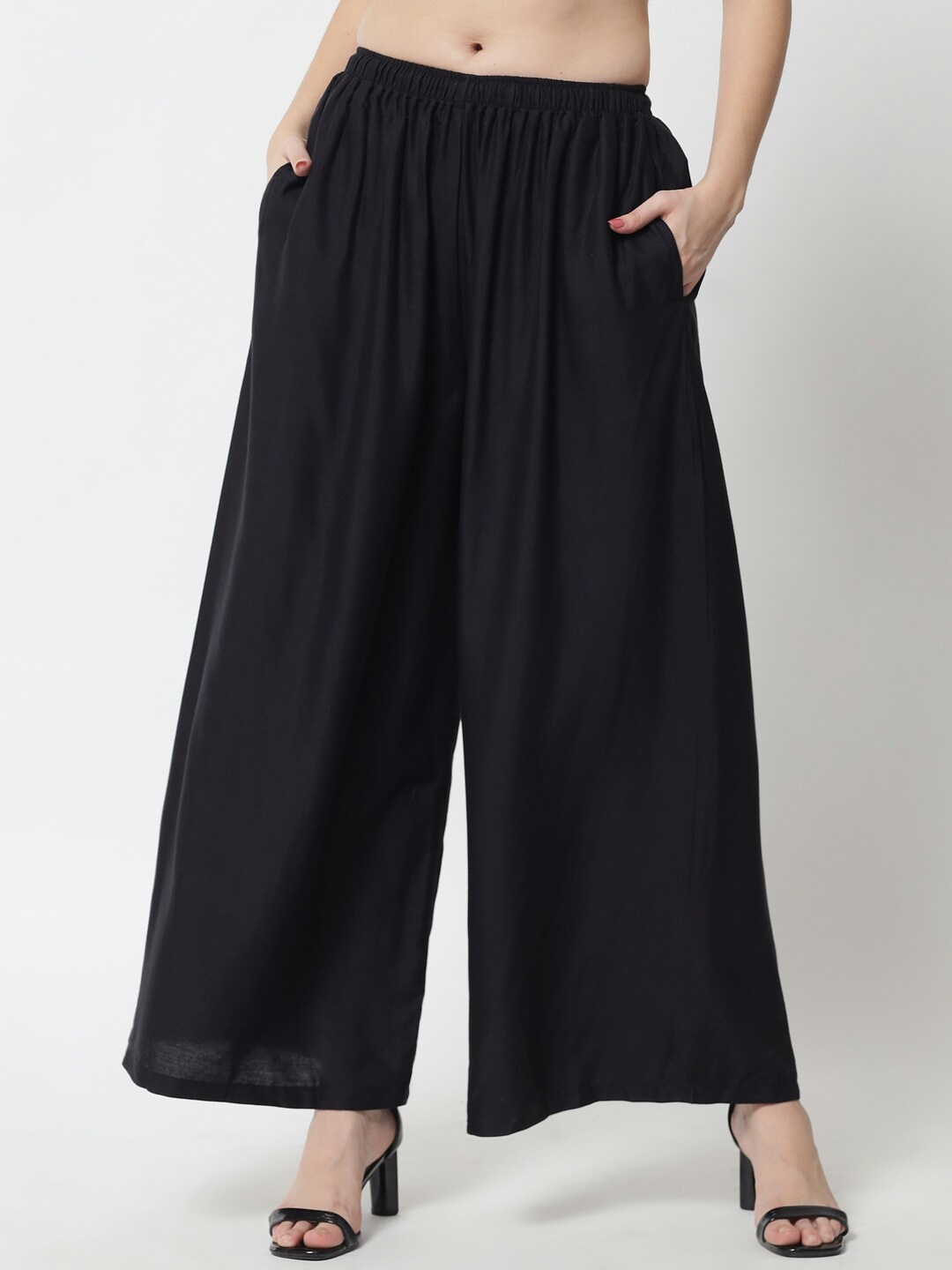 

urSense Women Wide Leg Cotton Palazzos, Black
