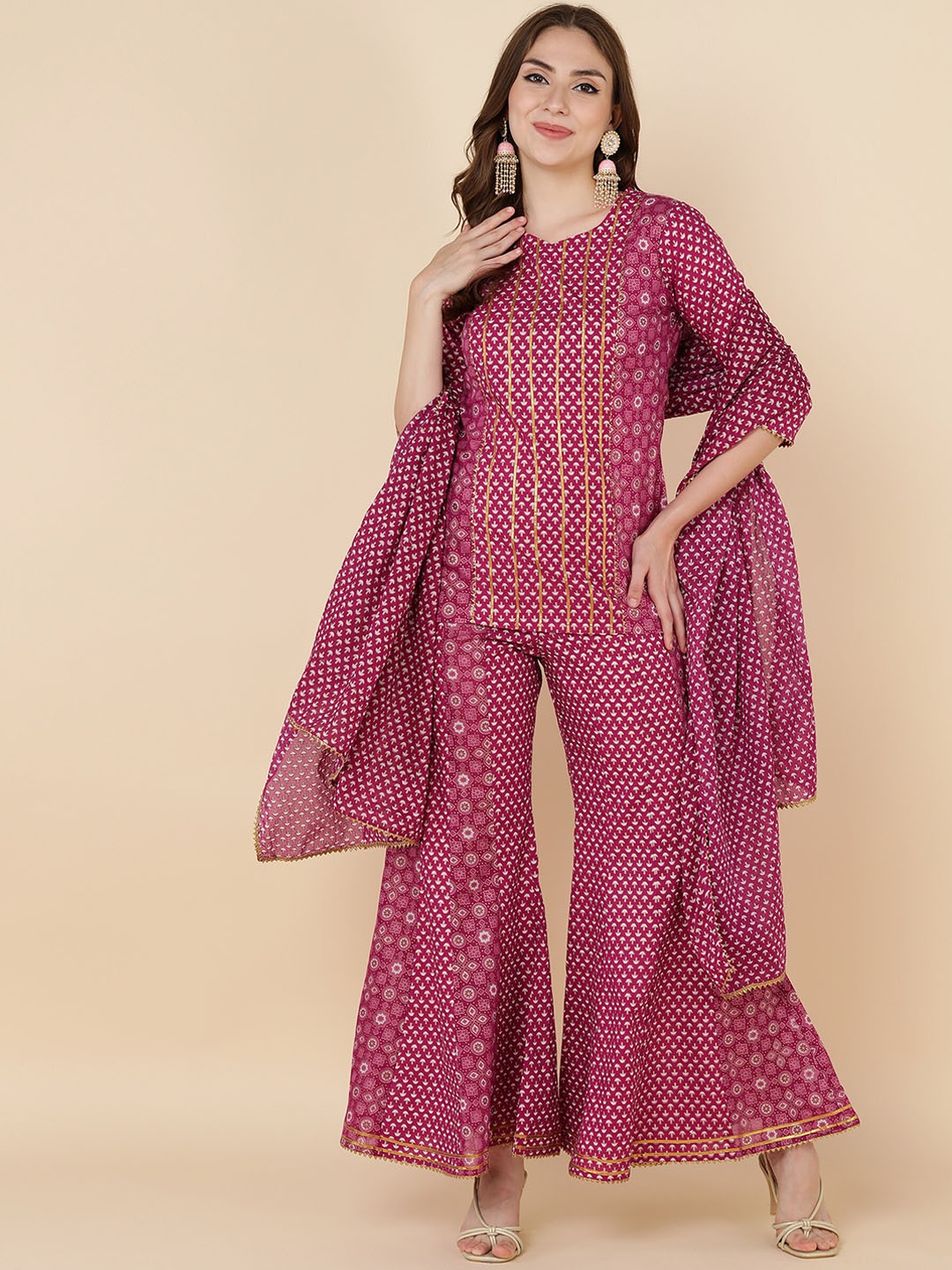 

MALHAAR Ethnic Motifs Printed Gotta Patti Pure Cotton Kurti with Sharara & Dupatta, Magenta