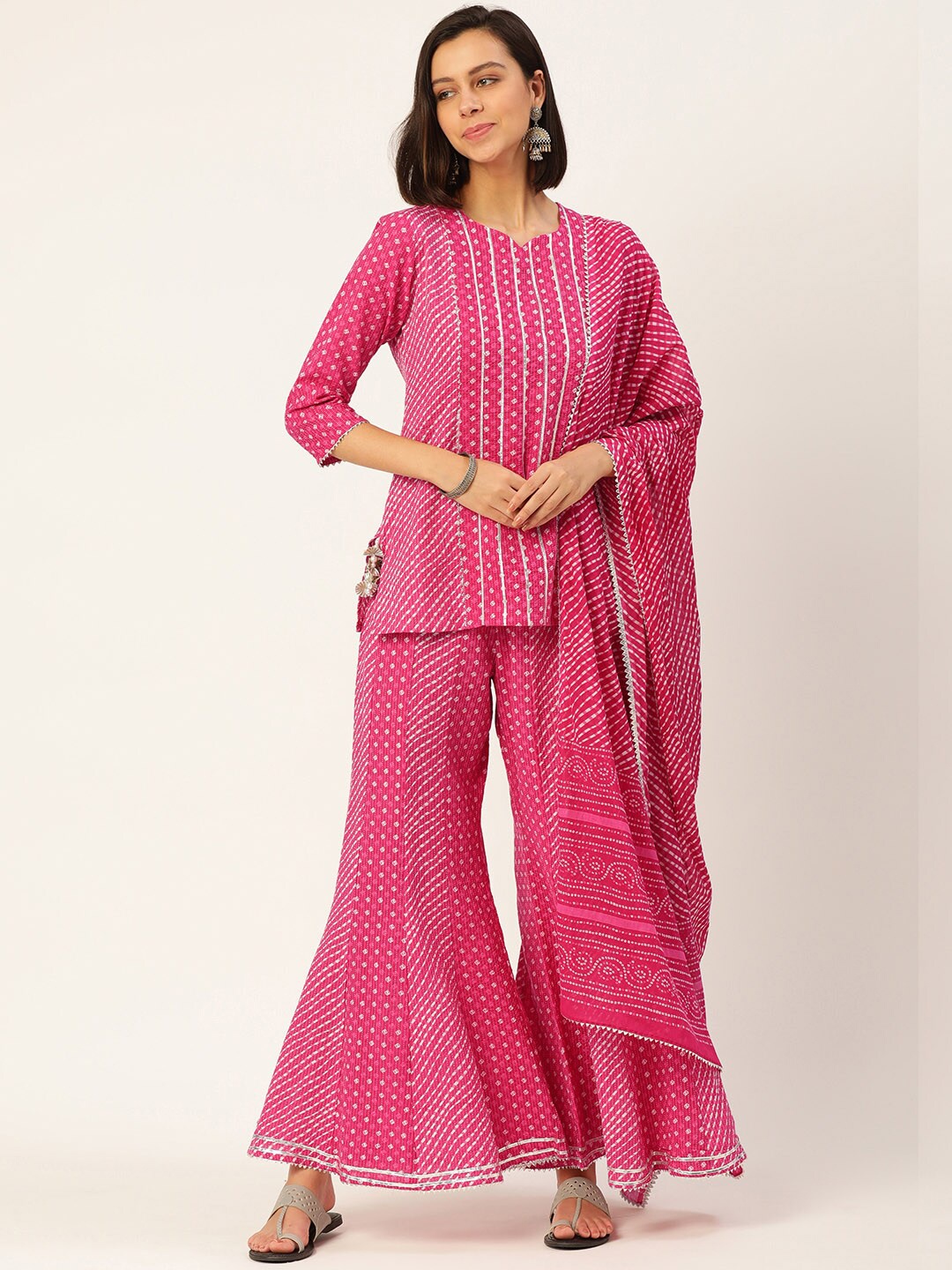 

MALHAAR Ethnic Motifs Printed Gotta Patti Pure Cotton Kurta with Palazzos & With Dupatta, Pink