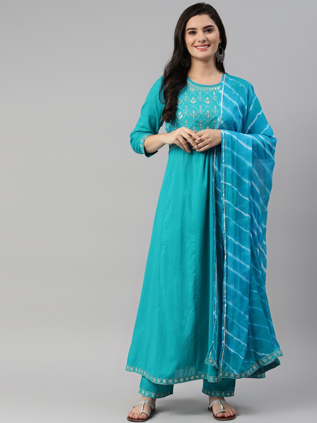 

MALHAAR Ethnic Motifs Yoke Design Sequinned Anarkali Kurta With Trousers & Dupatta, Turquoise blue