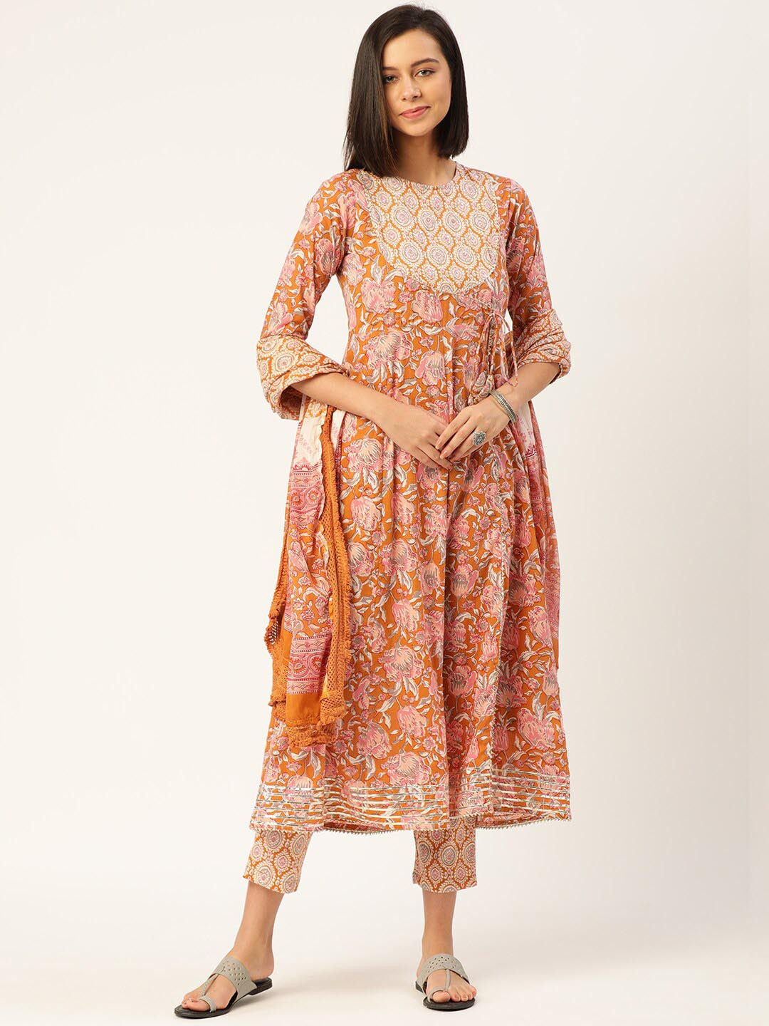 

MALHAAR Floral Printed Sequinned Pure Cotton Kurta with Trousers & With Dupatta, Brown