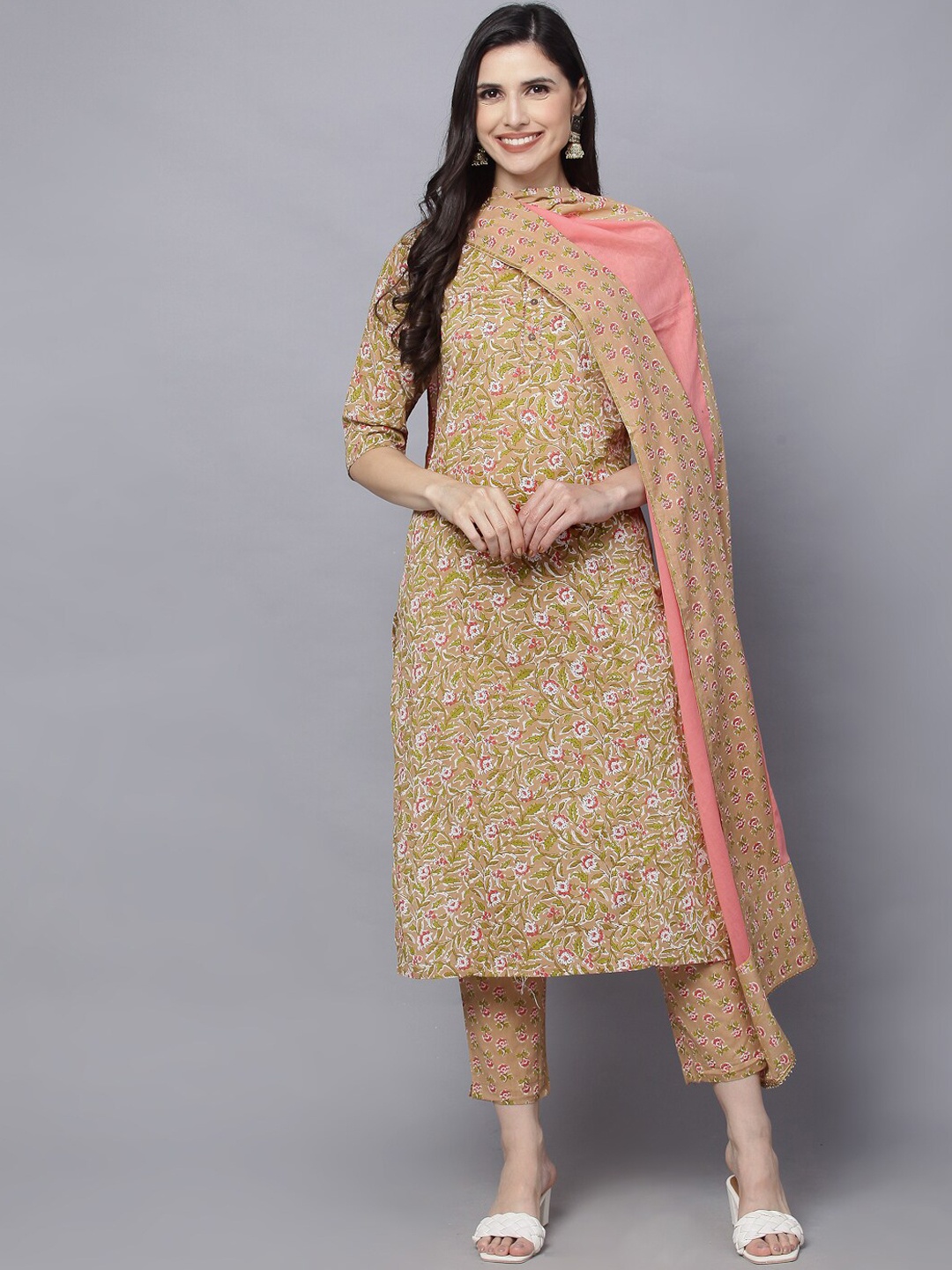 

MALHAAR Floral Printed Sequined Pure Cotton Kurta with Trousers & Dupatta, Mustard