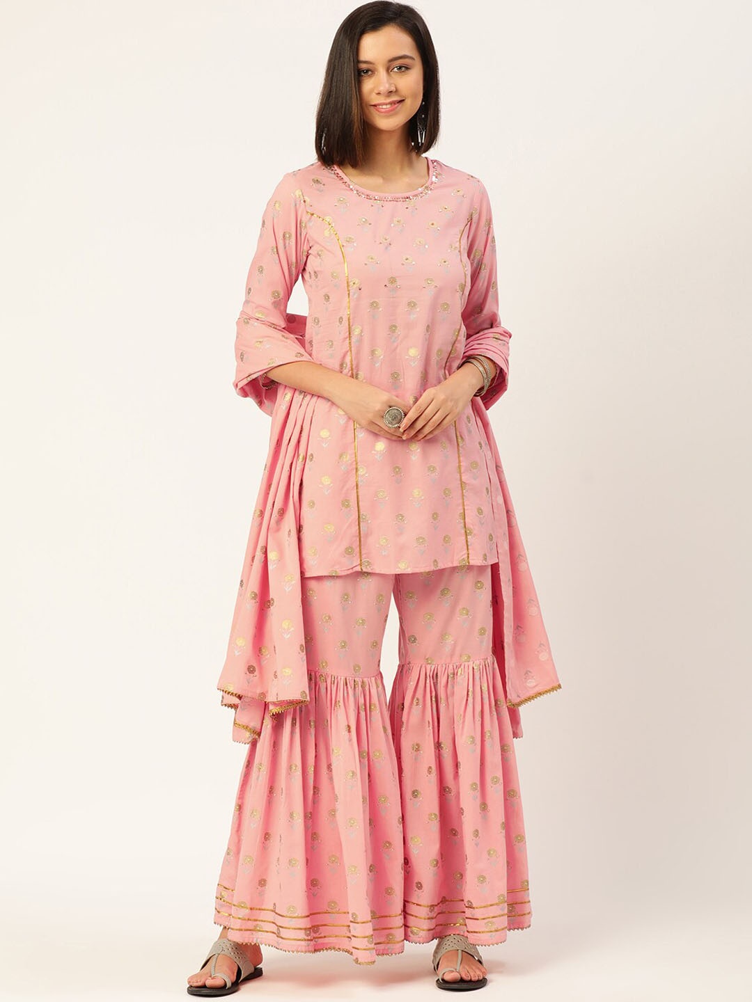 

MALHAAR Floral Printed Thread Work Pure Cotton Kurti With Sharara & Dupatta, Peach