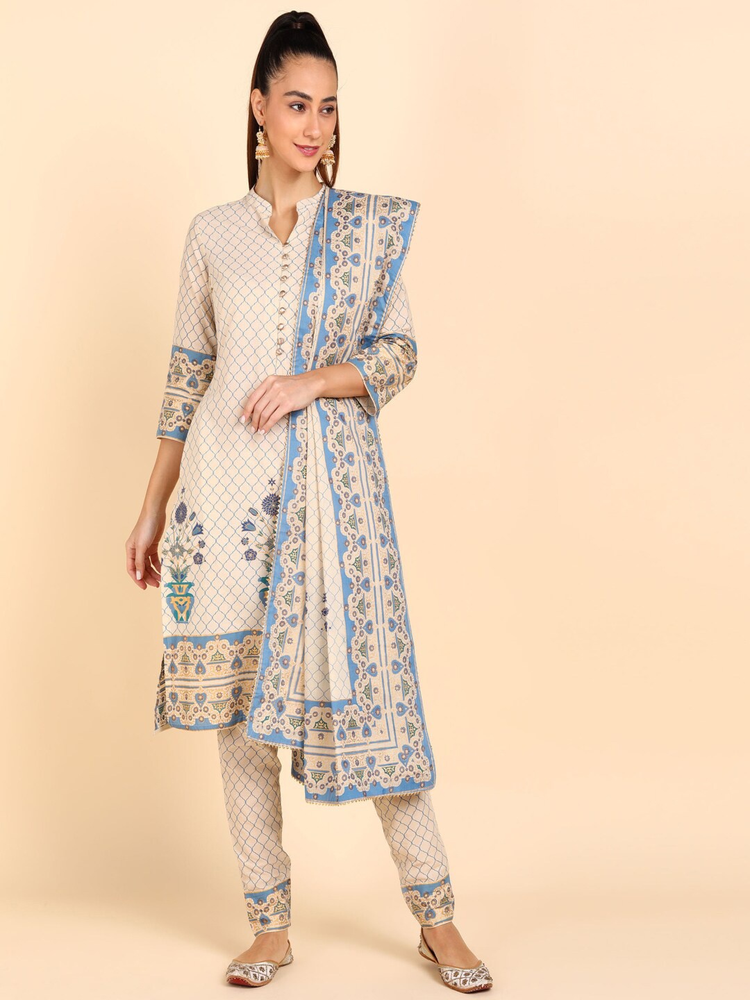 

MALHAAR Floral Printed Mandarin Collar Pure Cotton Kurta with Trousers & Dupatta, Cream