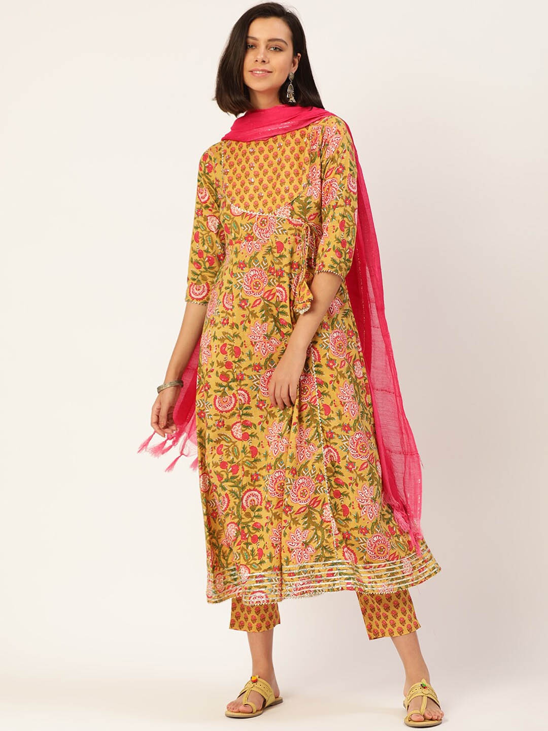 

MALHAAR Floral Printed Gotta Patti Angrakha Pure Cotton Kurta with Trousers & Dupatta, Mustard