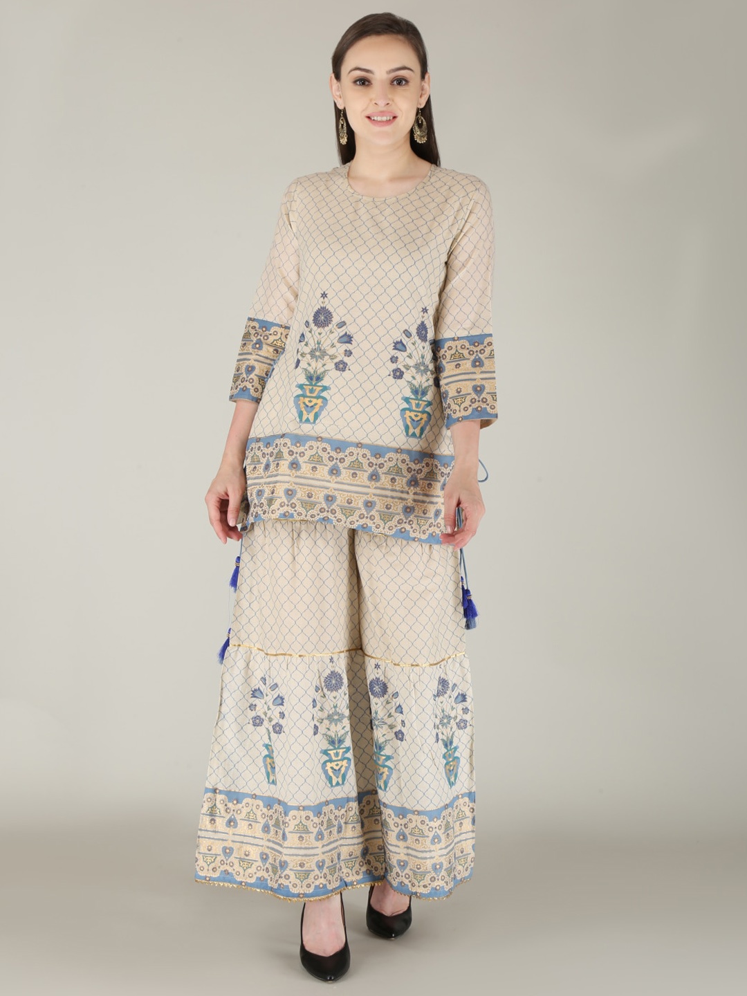 

MALHAAR Floral Printed Pure Cotton Kurti with Sharara, Beige