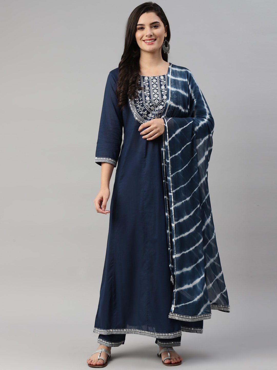 

MALHAAR Ethnic Motifs Embroidered Mirror Work A-Line Kurta with Trousers & Dupatta, Navy blue