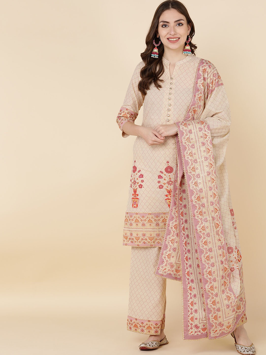 

MALHAAR Ethnic Motifs Printed Mandarin Collar Pure Cotton Kurta With Trousers & Dupatta, Beige