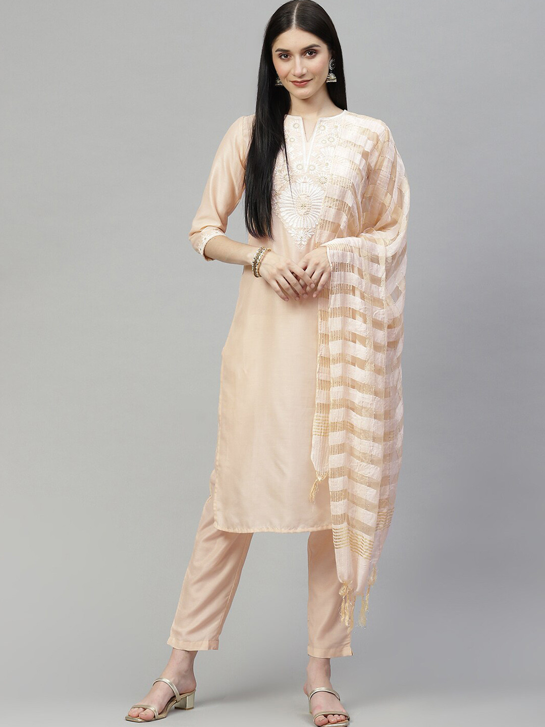 

MALHAAR Ethnic Motifs Embroidered Kurta with Trousers & Dupatta, Beige