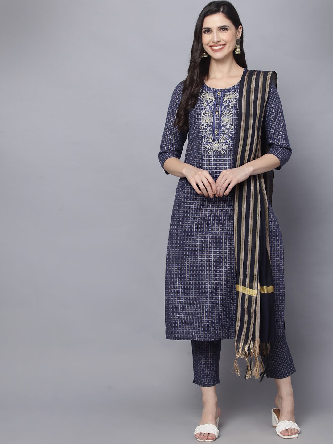 

MALHAAR Floral Embroidered Zari Pure Cotton Kurta with Trousers & Dupatta, Navy blue