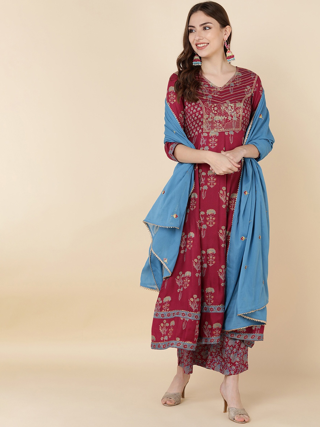 

MALHAAR Floral Printed Anarkali Kurta with Palazzos & Dupatta, Maroon