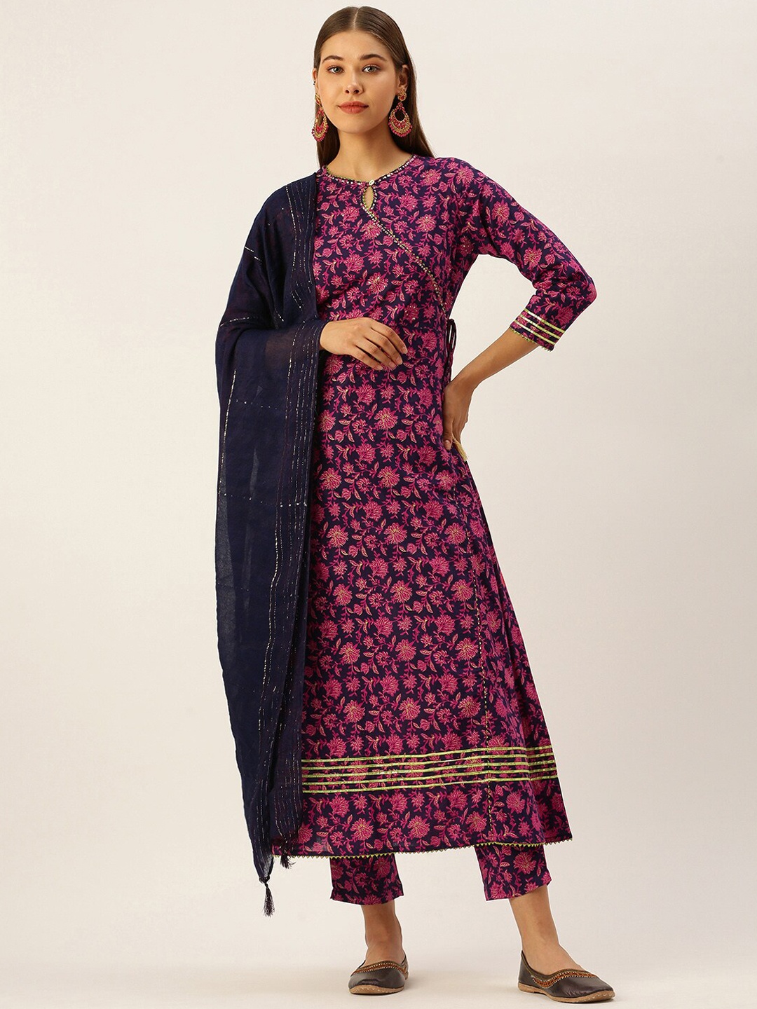 

MALHAAR Floral Printed Angrakha Sequinned Pure Cotton Kurta with Trousers & With Dupatta, Pink