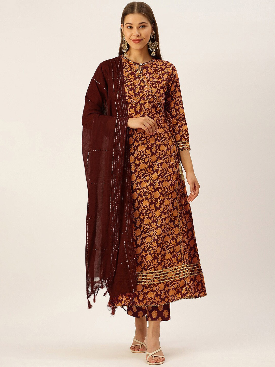 

MALHAAR Floral Printed Sequinned Pure Cotton Kurta with Trousers & With Dupatta, Brown