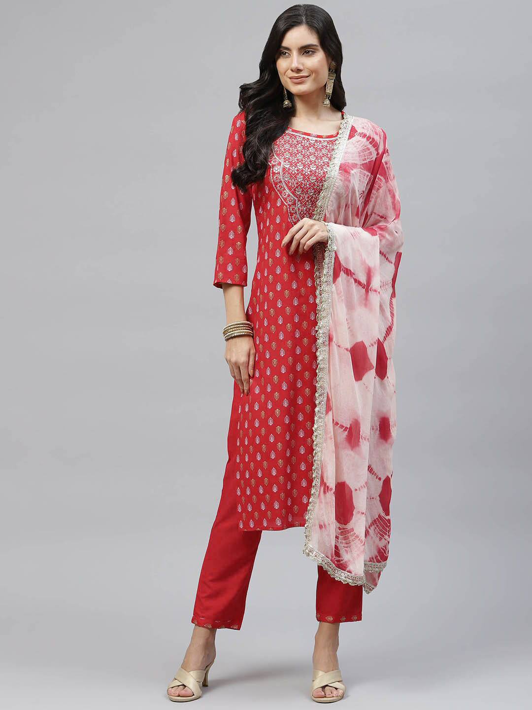 

MALHAAR Ethnic Motifs Printed Mirror Work Kurta with Trousers & With Dupatta, Red