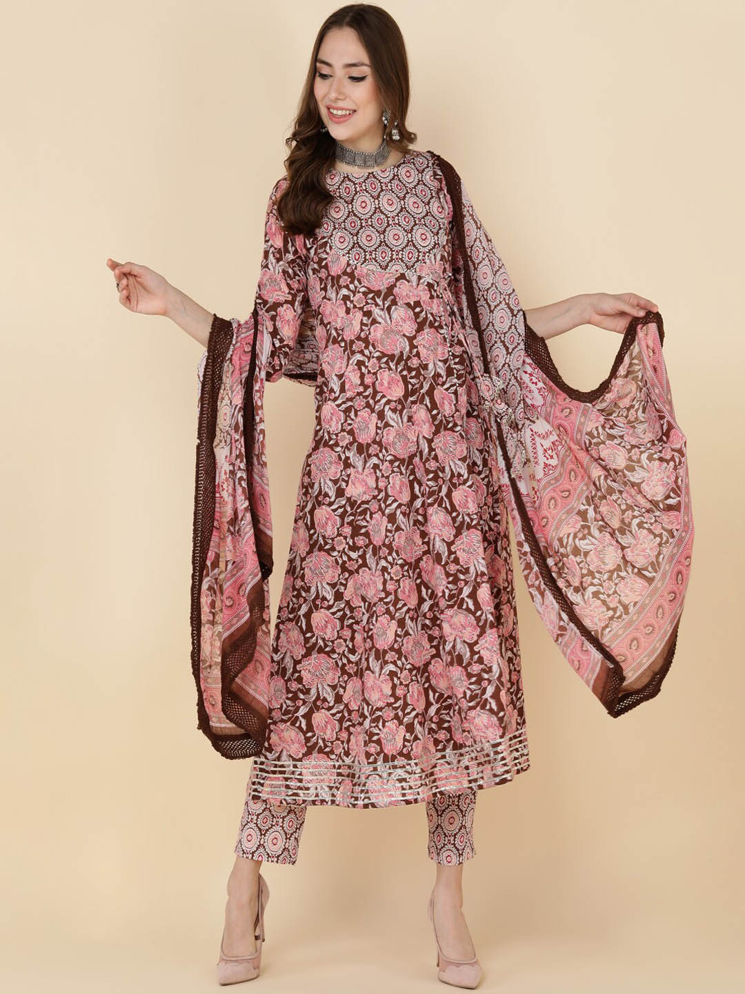 

MALHAAR Floral Printed Gotta Patti Angrakha Pure Cotton Kurta with Trousers & Dupatta, Coffee brown