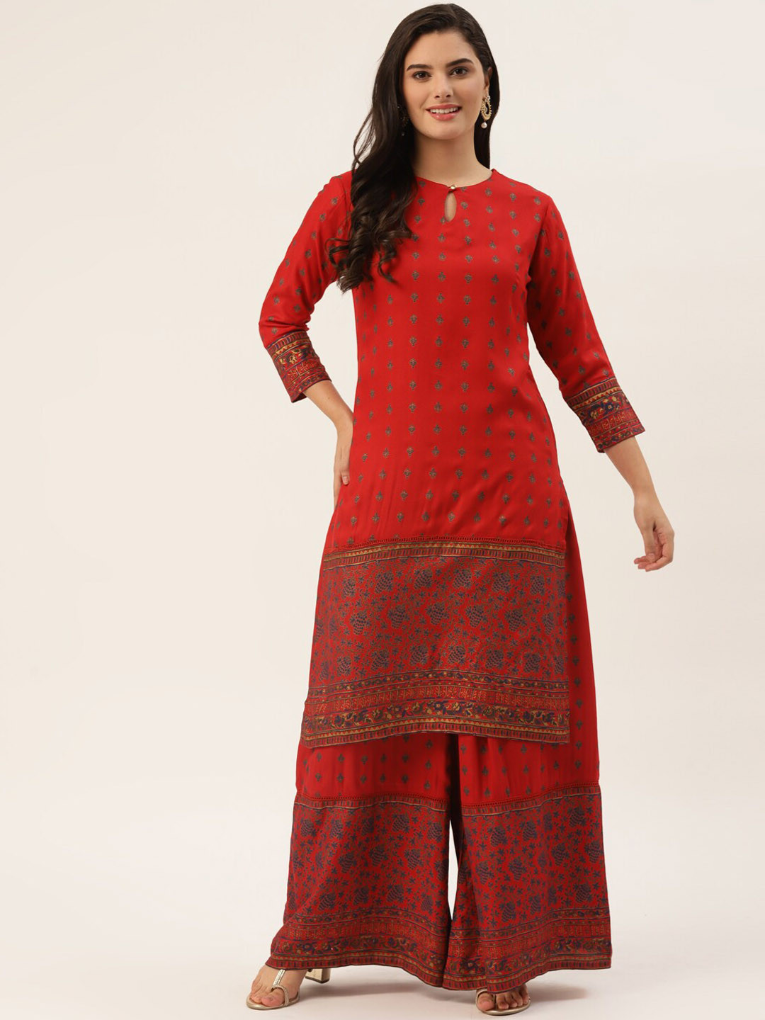 

MALHAAR Floral Printed Keyhole Neck Kurta With Palazzos, Red
