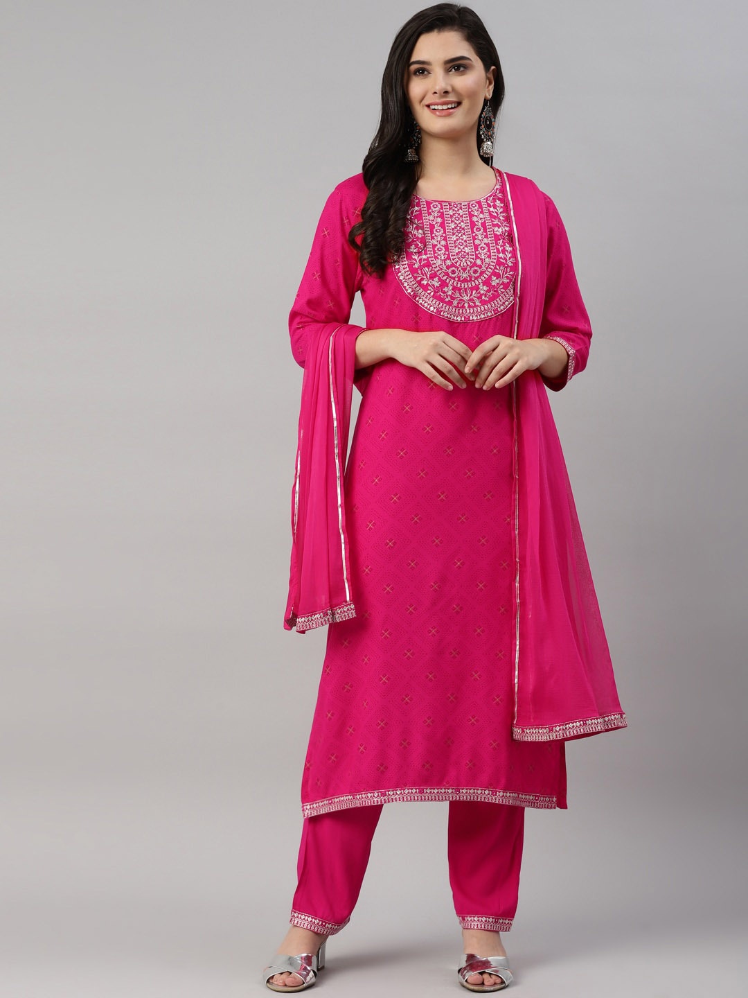 

MALHAAR Ethnic Motifs Printed Mirror Work Kurta with Trousers & With Dupatta, Pink