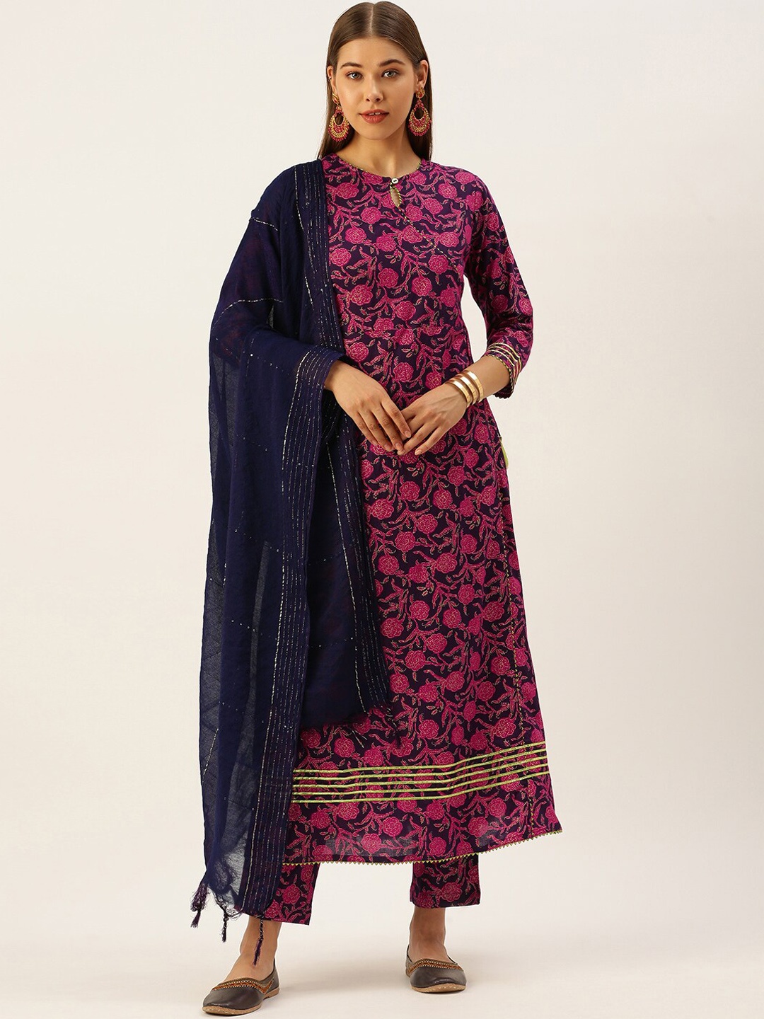 

MALHAAR Floral Printed Angrakha Gotta Patti Pure Cotton Kurta with Trousers & Dupatta, Pink