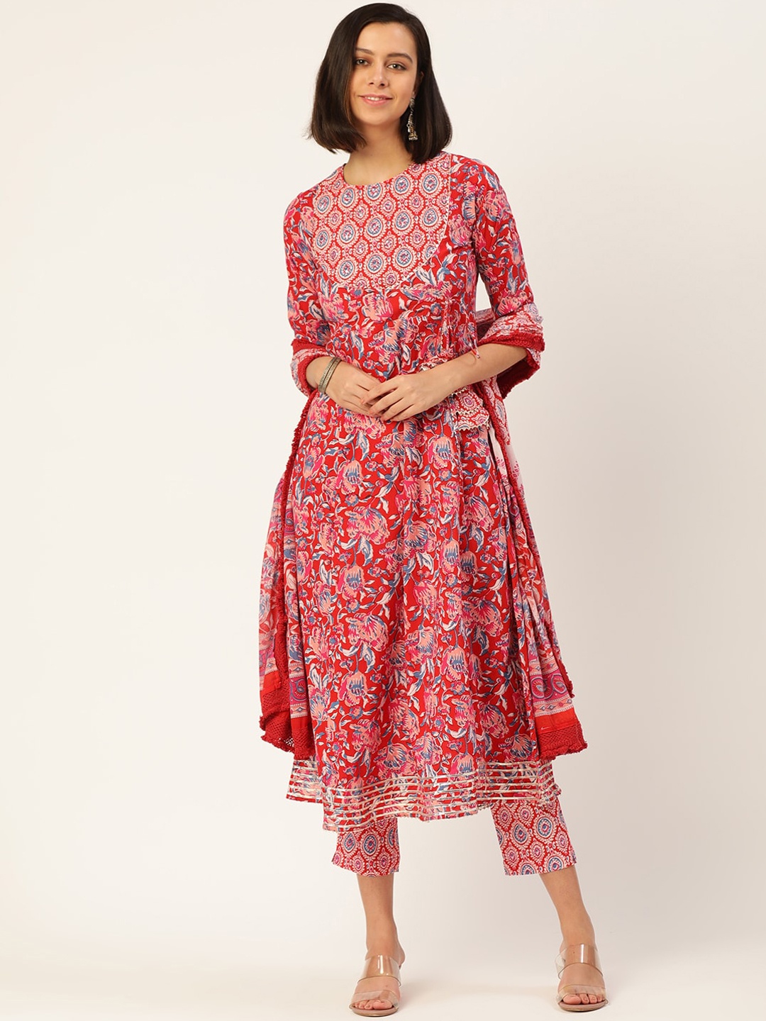 

MALHAAR Floral Printed Angrakha Gotta Patti Pure Cotton Kurta with Trousers & Dupatta, Pink