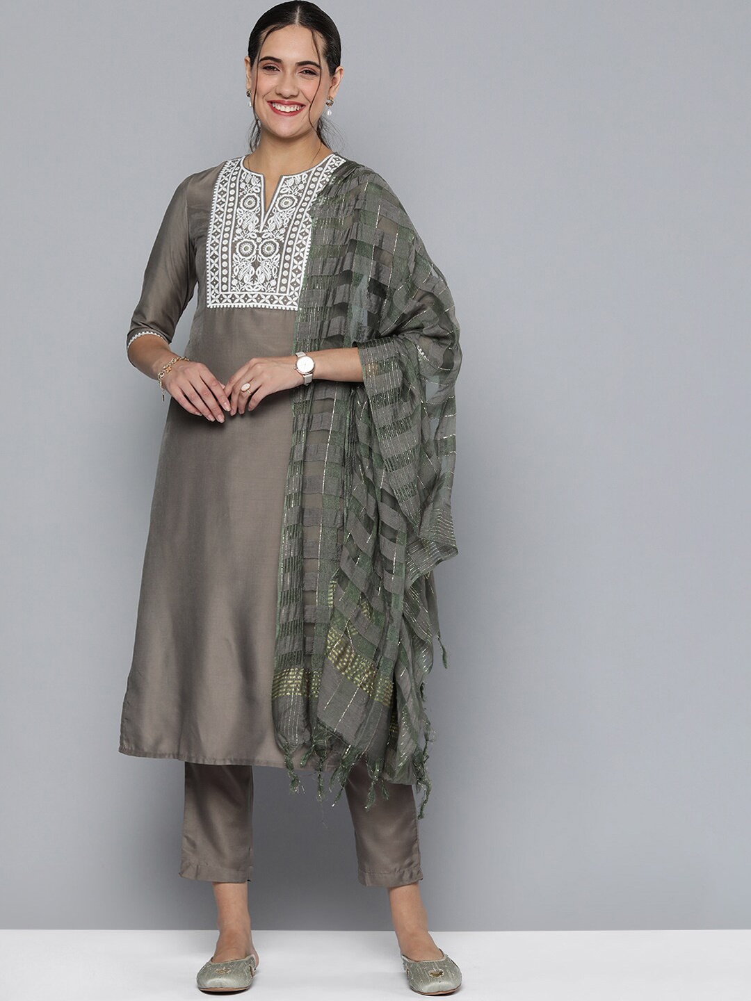 

MALHAAR Ethnic Motifs Yoke Design Embroidered Kurta with Trousers & Dupatta, Grey