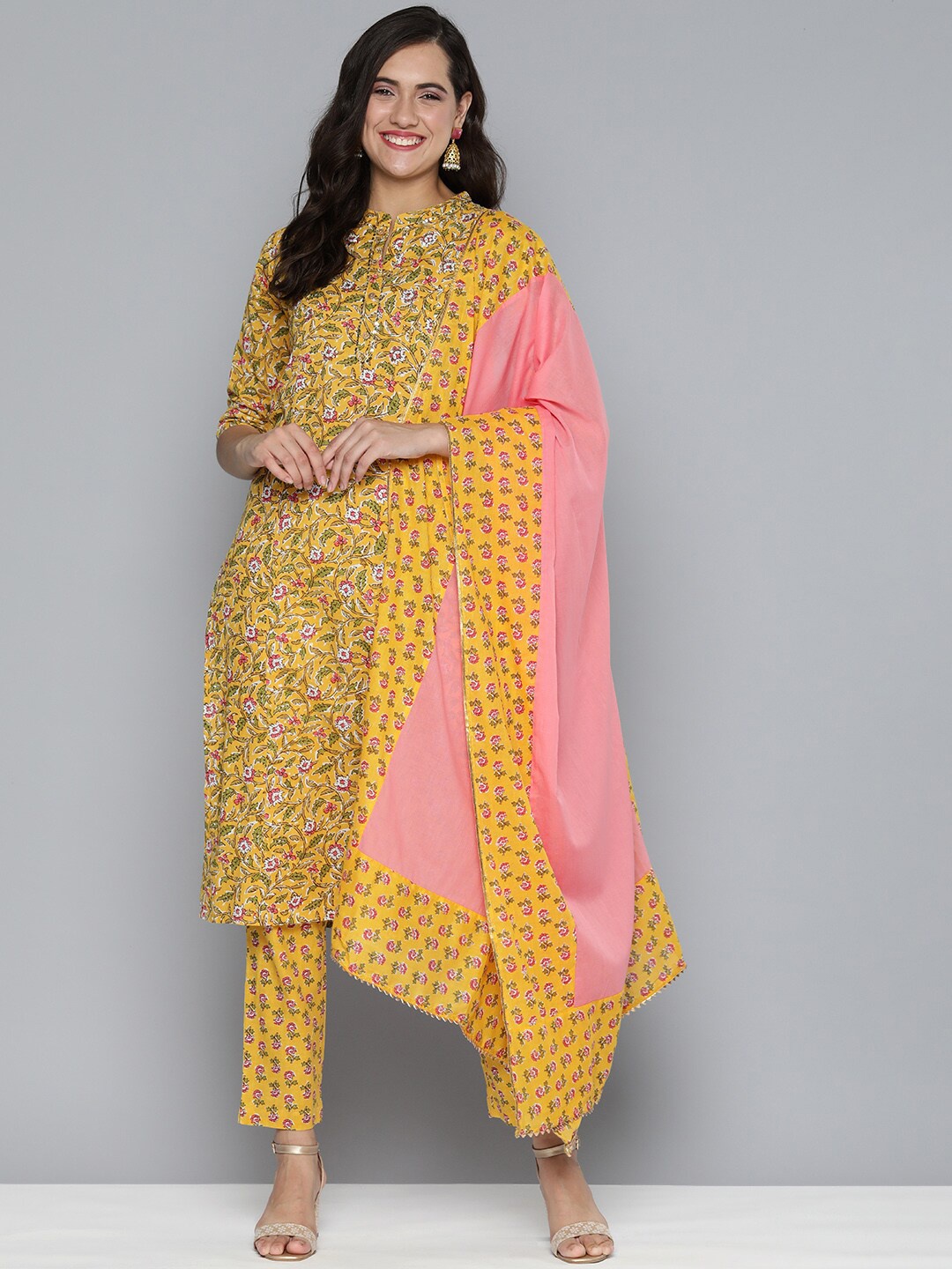 

MALHAAR Floral Printed Sequined Kurta with Trousers & Dupatta, Mustard