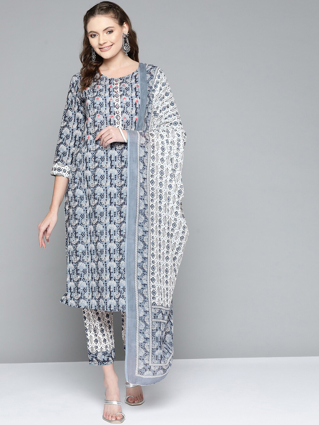 

MALHAAR Ethnic Motifs Printed Regular Pure Cotton Kurta With Trousers & Dupatta, Blue